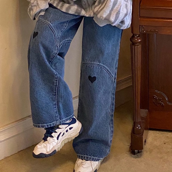 Casual Summer Blue Denim Jeans Women Korean Loose Love Pattern Baggy Jeans Femin
