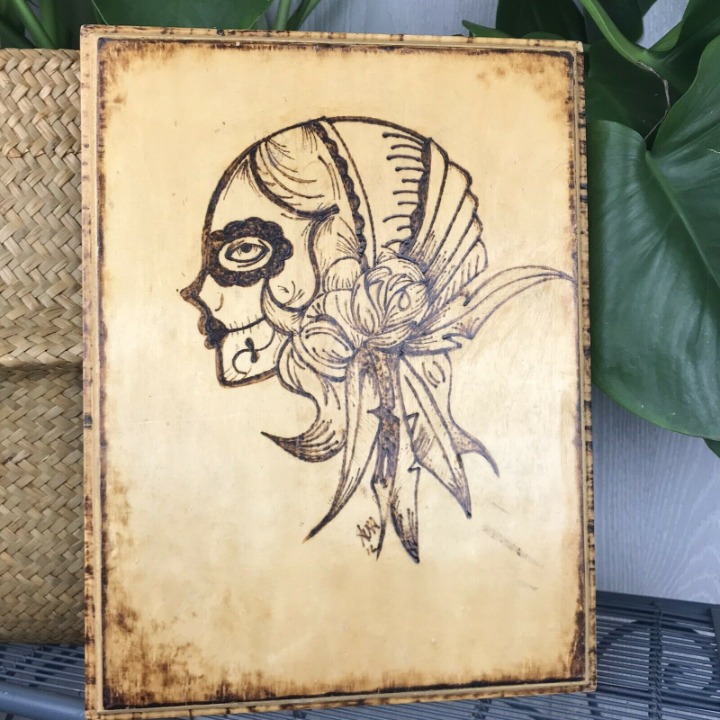 Handmade Pyography Day Of The Dead Girl Wood Burning Wall Hanging Unique