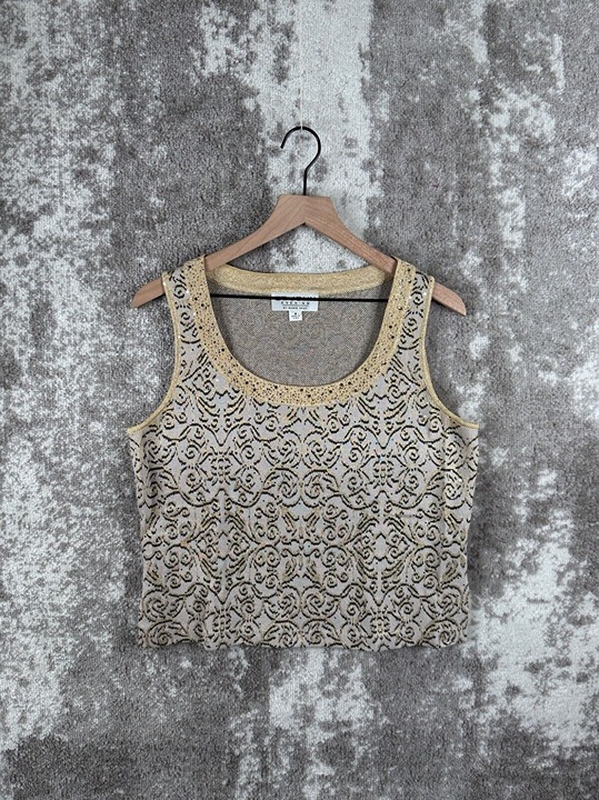 St John Tank Top Medium Womens Beige Metallic Boho Round Neck Geometric