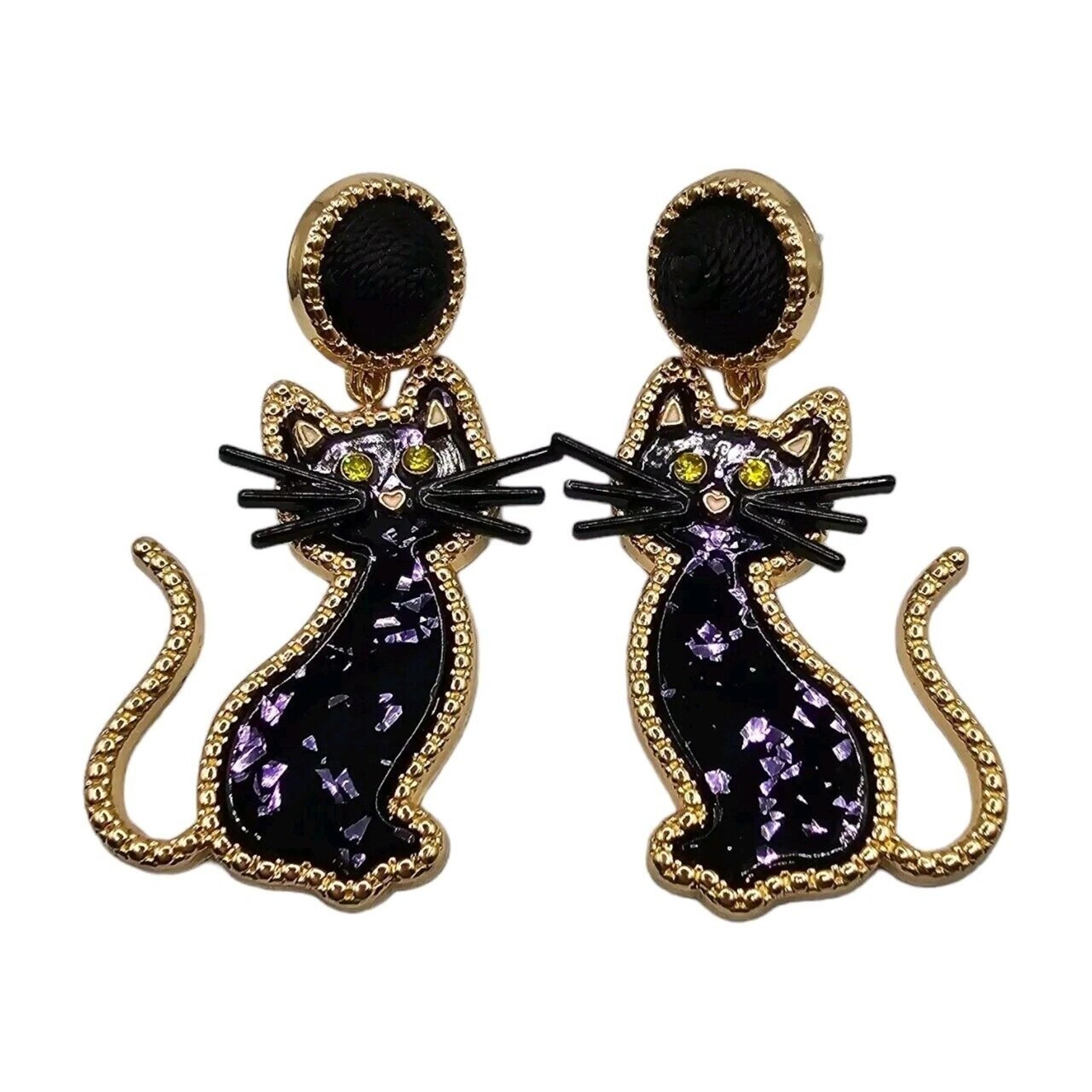Pierced Black Cat Earrings Halloween Acrylic Purple Glitter Spots Gold Tone