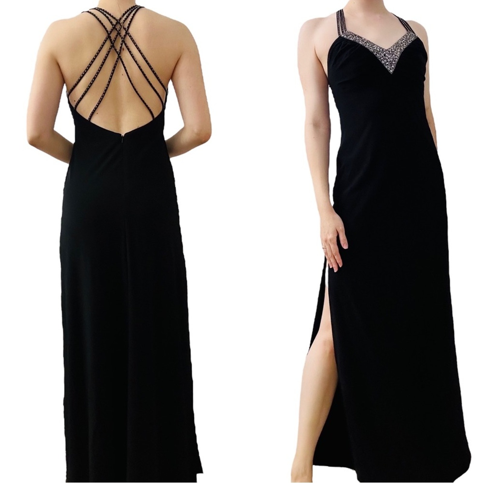 Vintage Dress Formal Long Black Sequin Strappy Silver Prom Y2K Fairy 3/4 Small
