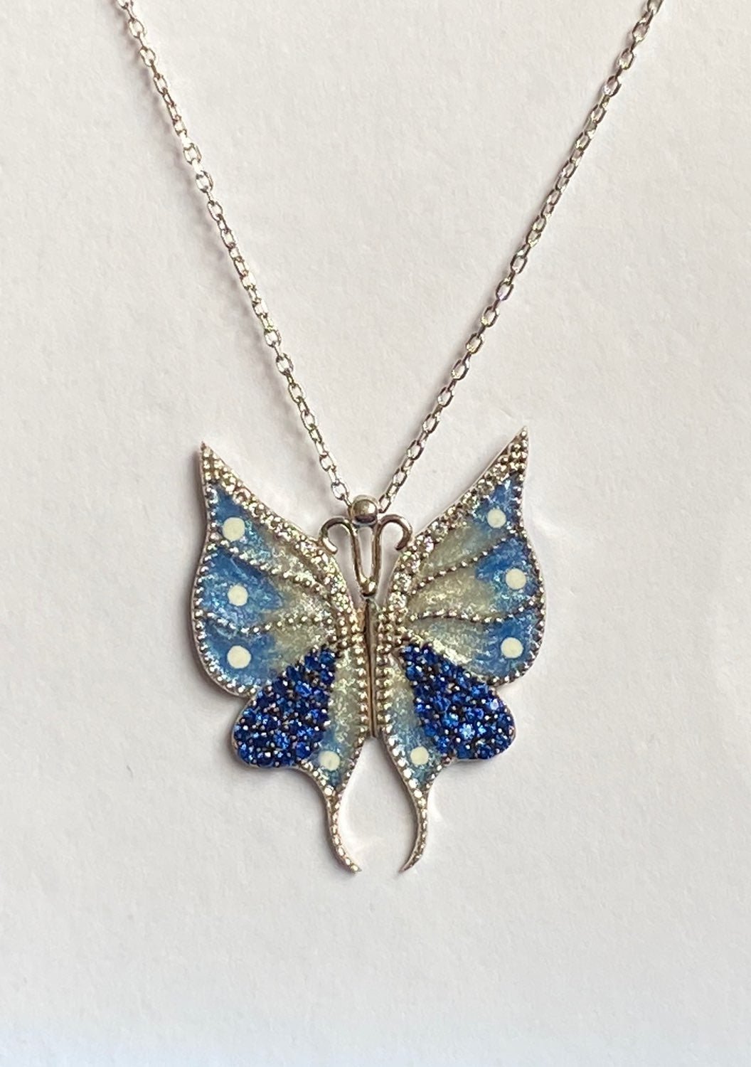 925 Silver necklace blue butterfly sapphire cz stones handmade enamel blue white