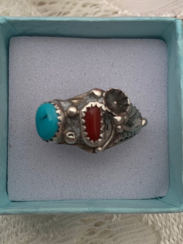 Turquoise & Coral Ornate Sterling Ring