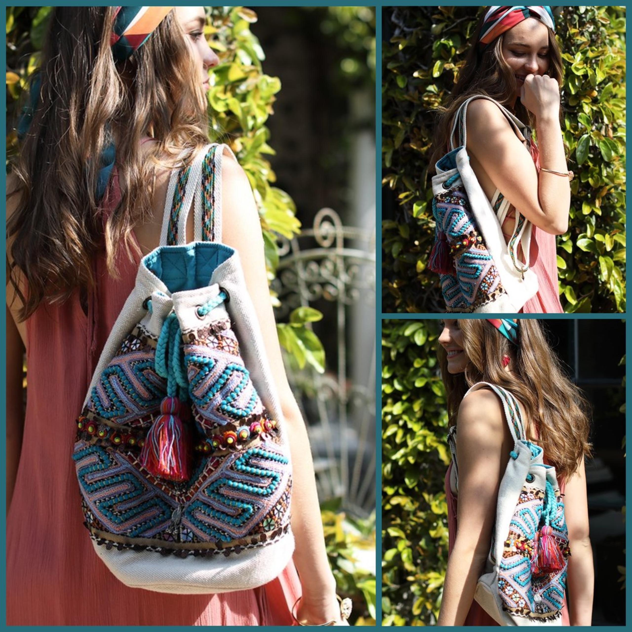 New NWT Gorgeous Bohemian Embroidered Embellished Drawstring Bucket Backpack
