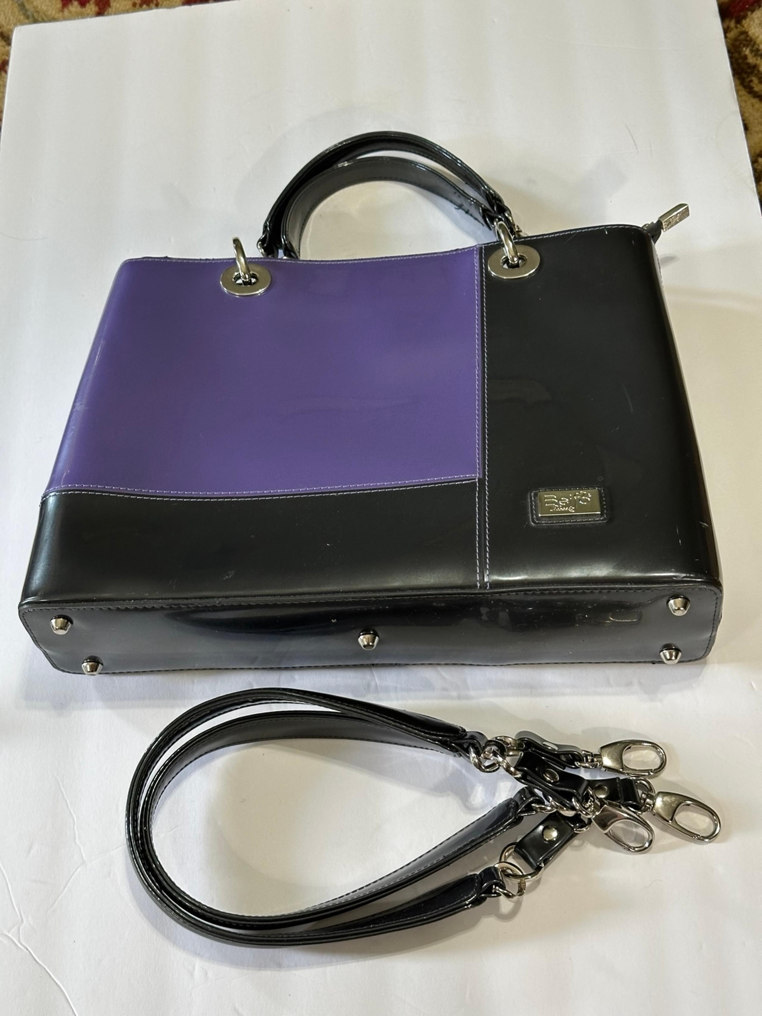 Handbag Purse 14 X 10 X 3 1/4 Patent Leather Purple Black 2 Sets of Handle - Beijo