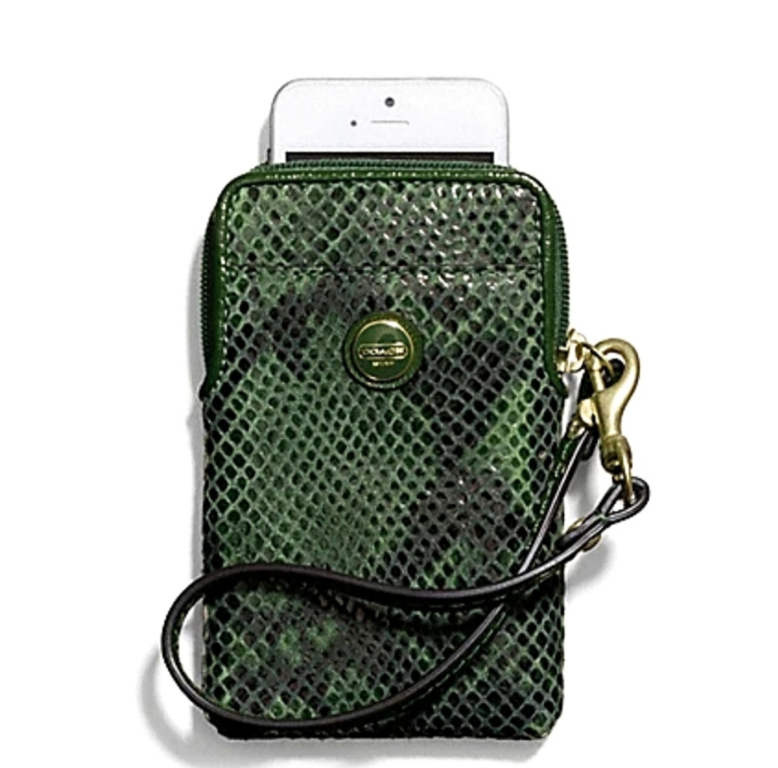 Coach Dark Green Embossed Snakeskin Universal Phone Case Wristlet Wallet
