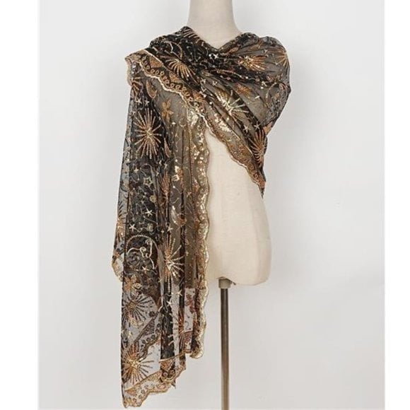 Boho Black Gold Moon & Star Sheer Mesh Sequin Embellished Shawl Wrap Scarf