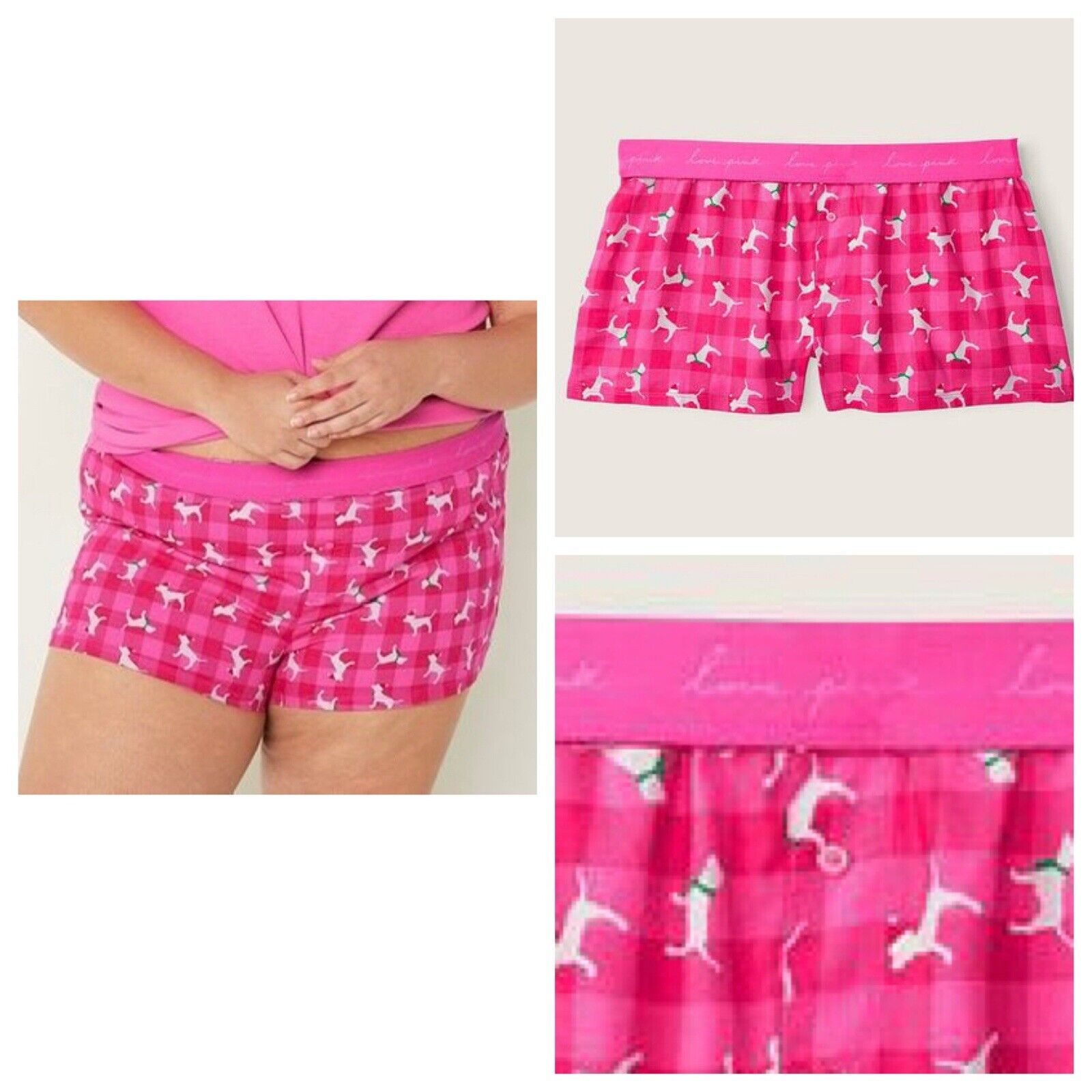 Vs Victorias Secret Pink Flannel Sleep Boxy Short Shortie Pink Dog Plaid XXL