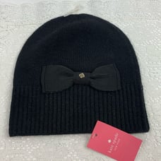 Kate Spade grosgrain bow beanie Black with gold spade & bow OS stretch New NWT