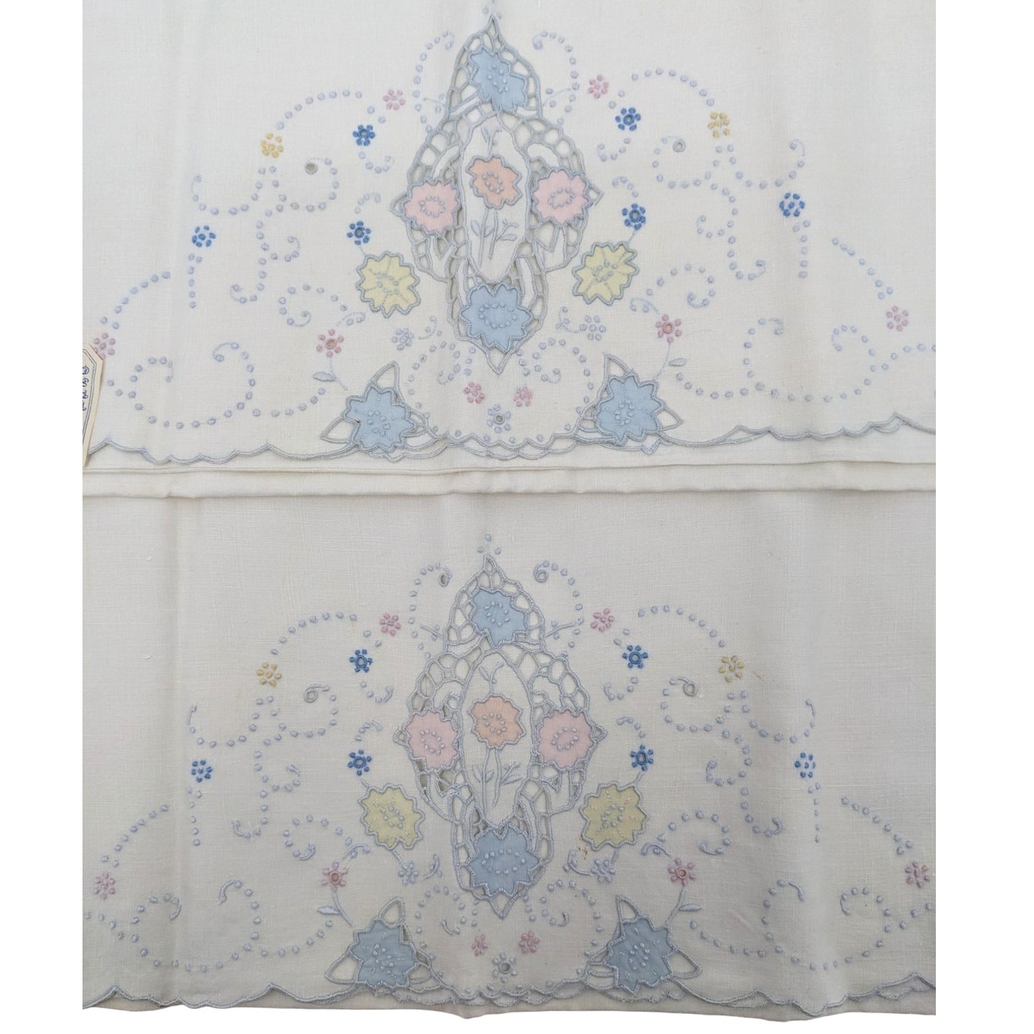 NWT Lovely Pair Embroidery Applique Cutwork Vintage MADEIRA PORTUGAL PILLOWCASES