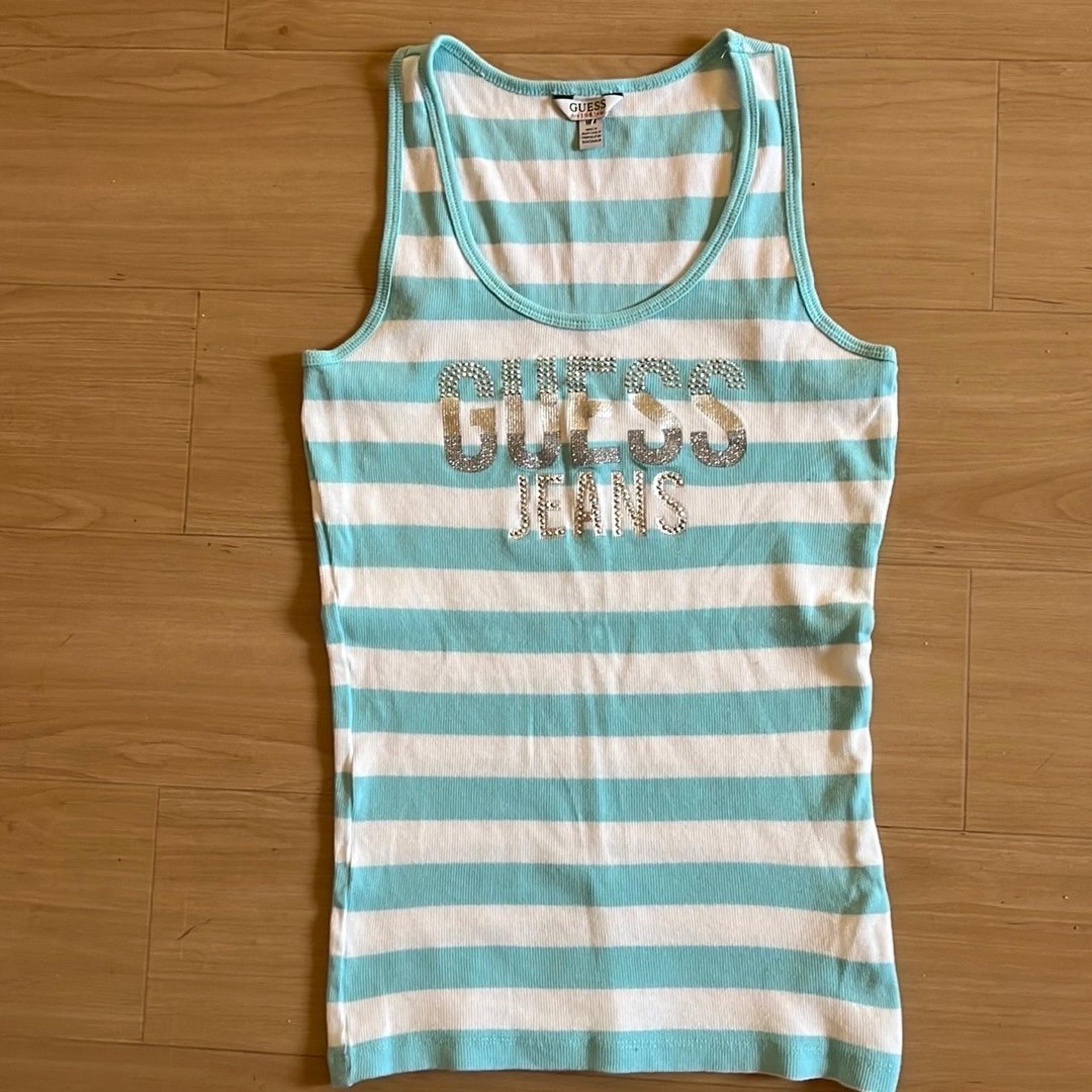 GUESS JEANS BLUE WHITE STRIPED SILVER LOGO TANK TOP EMBELLISHED BLING SIZE MED