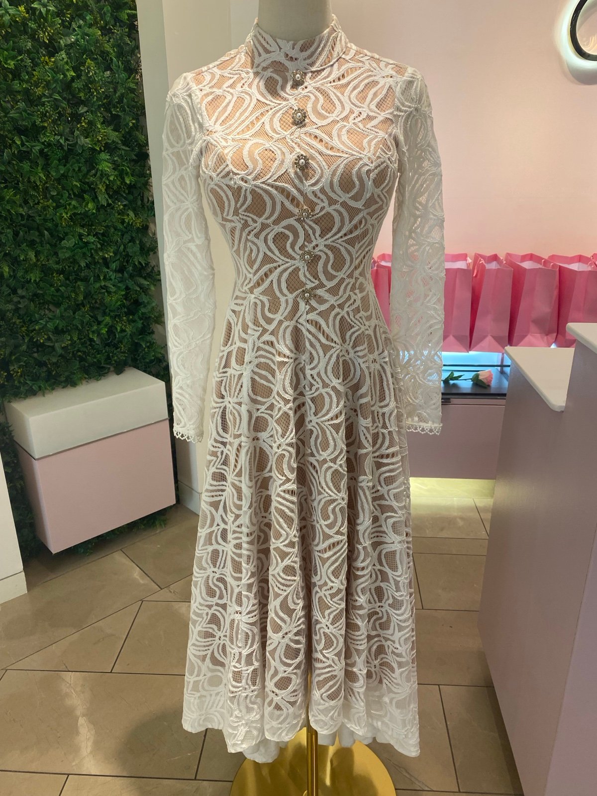 Ivory and champagne lace high/low dress