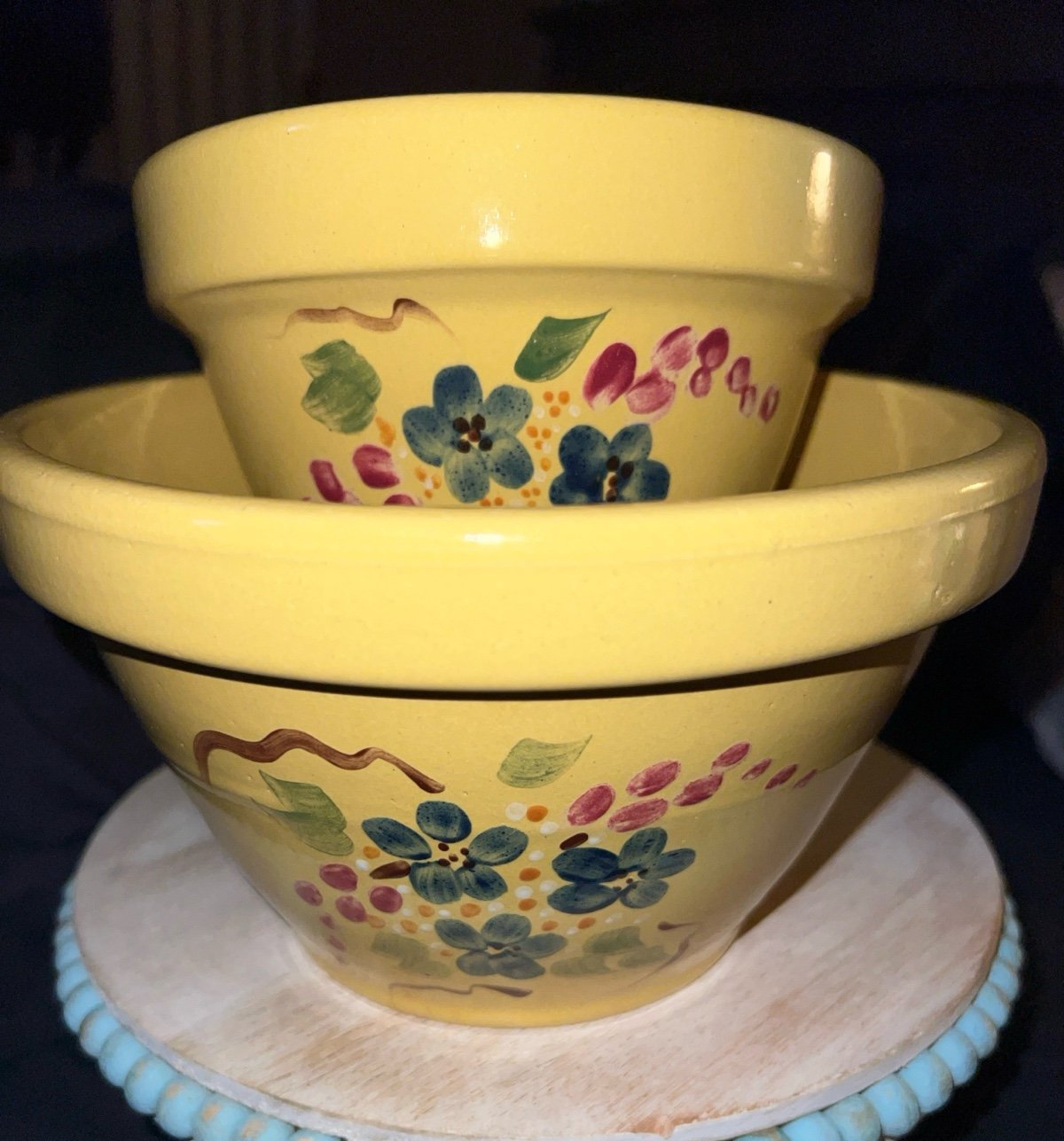 VINTAGE ROBINSON RANSBOTTOM POTTERY Set/2 Yellow Floral Stoneware Mixing Bowls