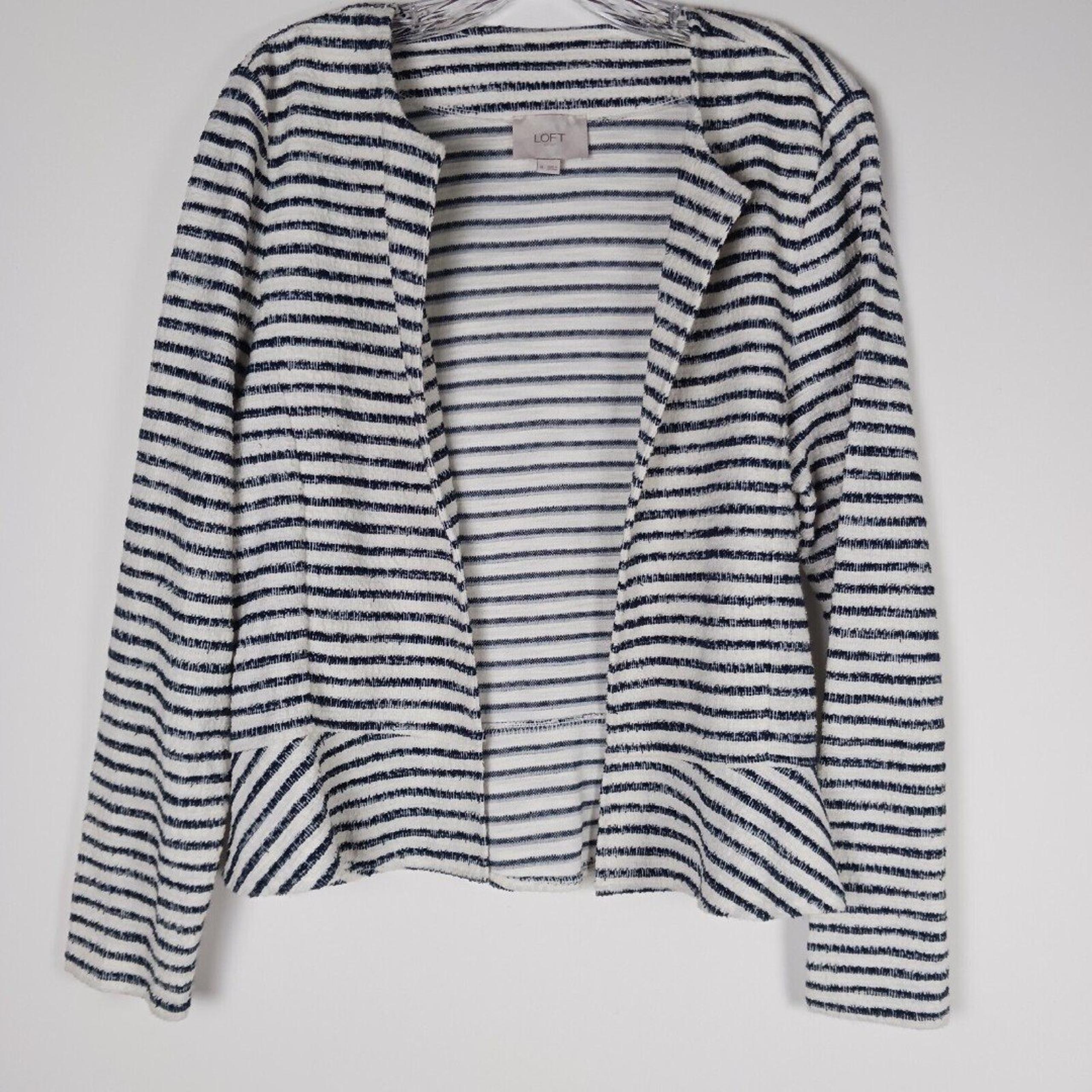 LOFT Outlet Women's Open Front Textured Blue White Striped Blazer Size M