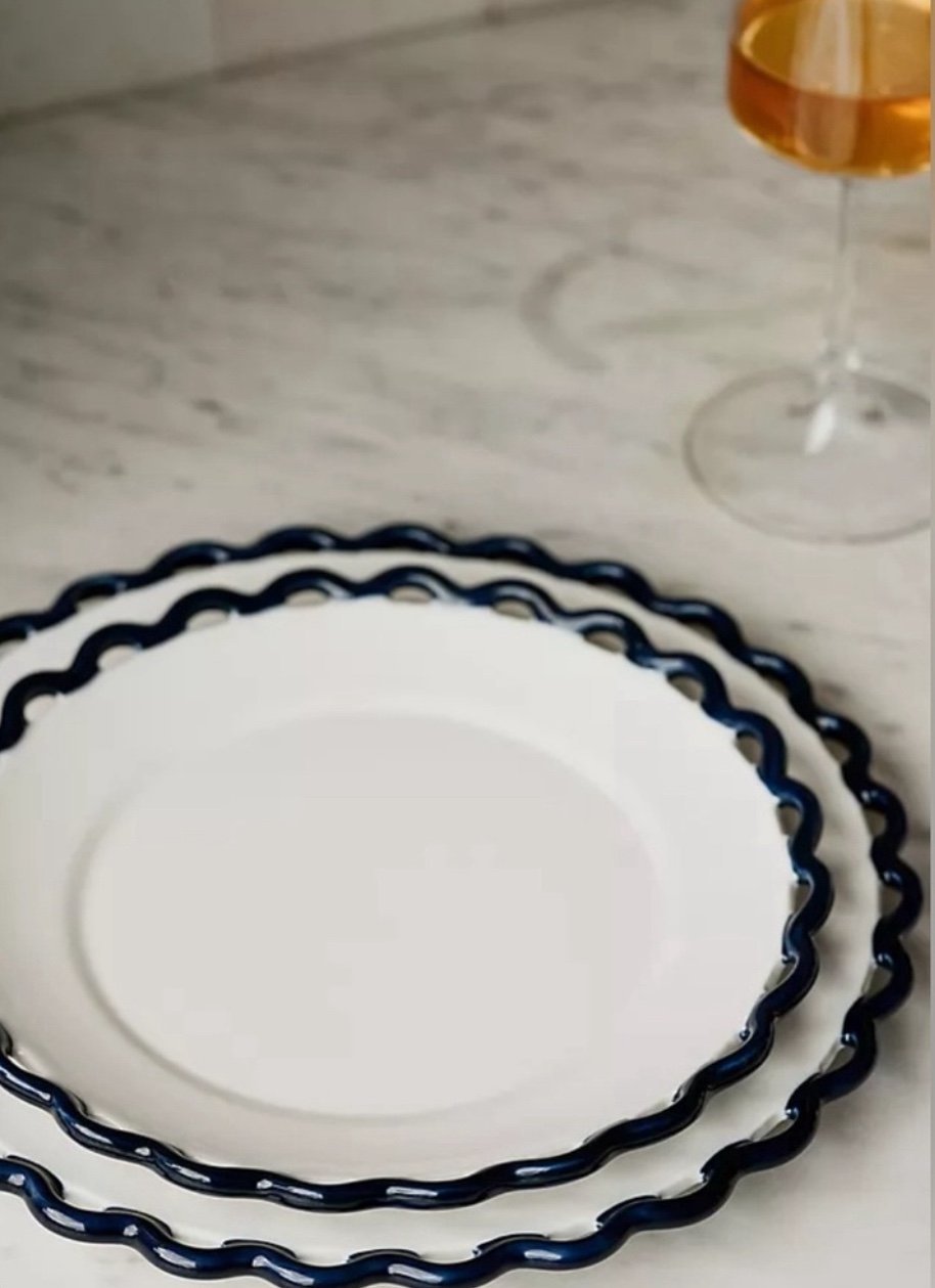 Anthropologie Sasha 8.9” Side/Salad Plate scalloped fringe White/Navy set of 4