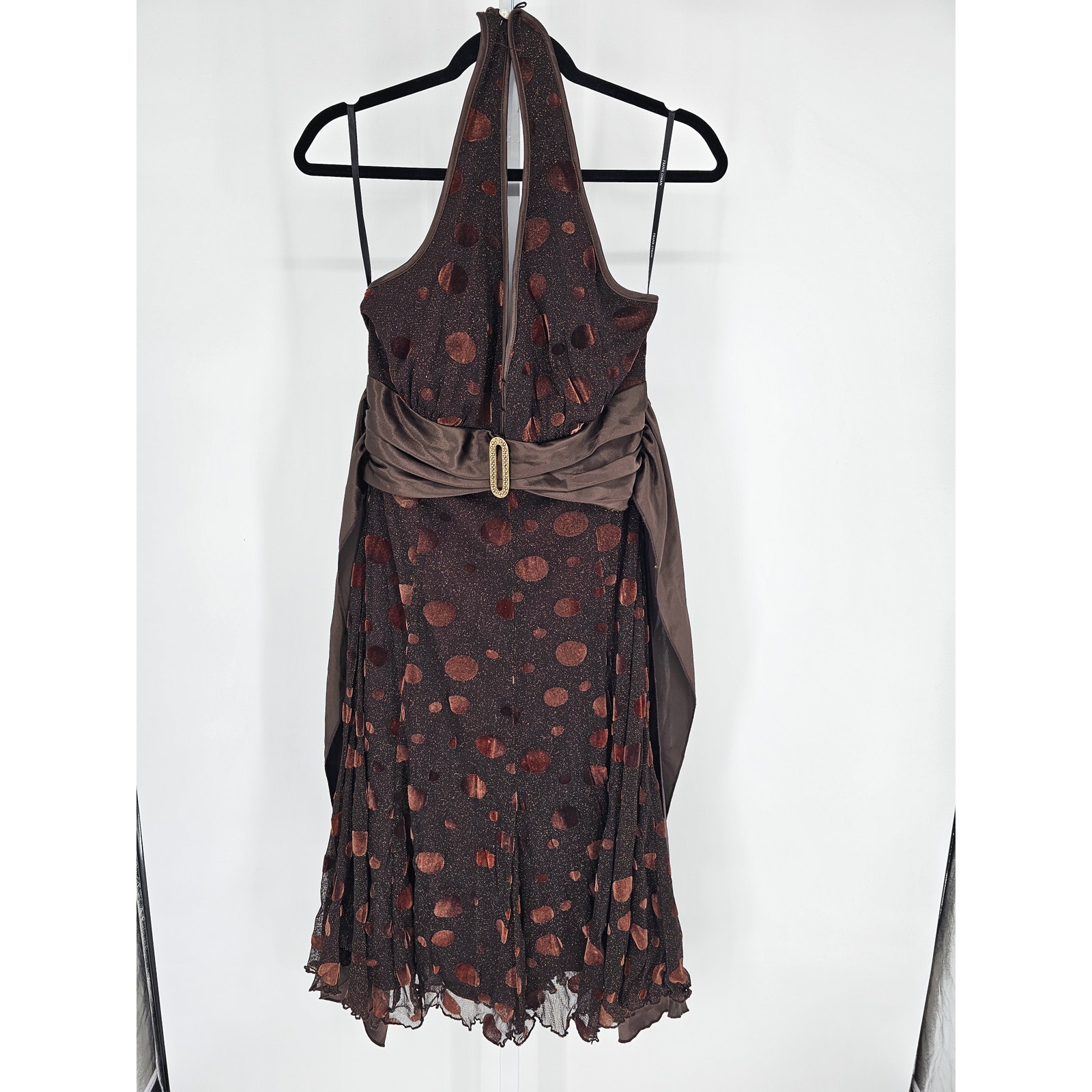 Vintage Y2K Frank Lyman womens Sz 10 Knee Length Pinup Halter Dress Brown Dots