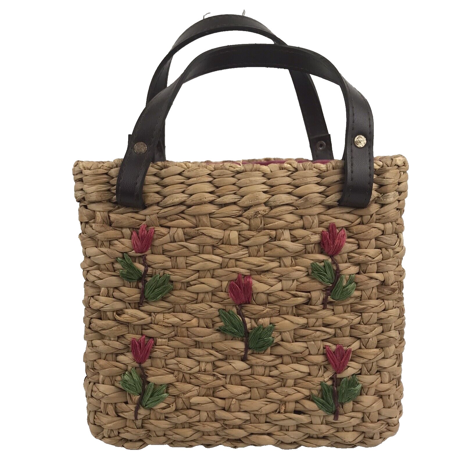Vintage Esprit de Corp Straw Wicker Small Tote Floral Lined Bag Purse Structured