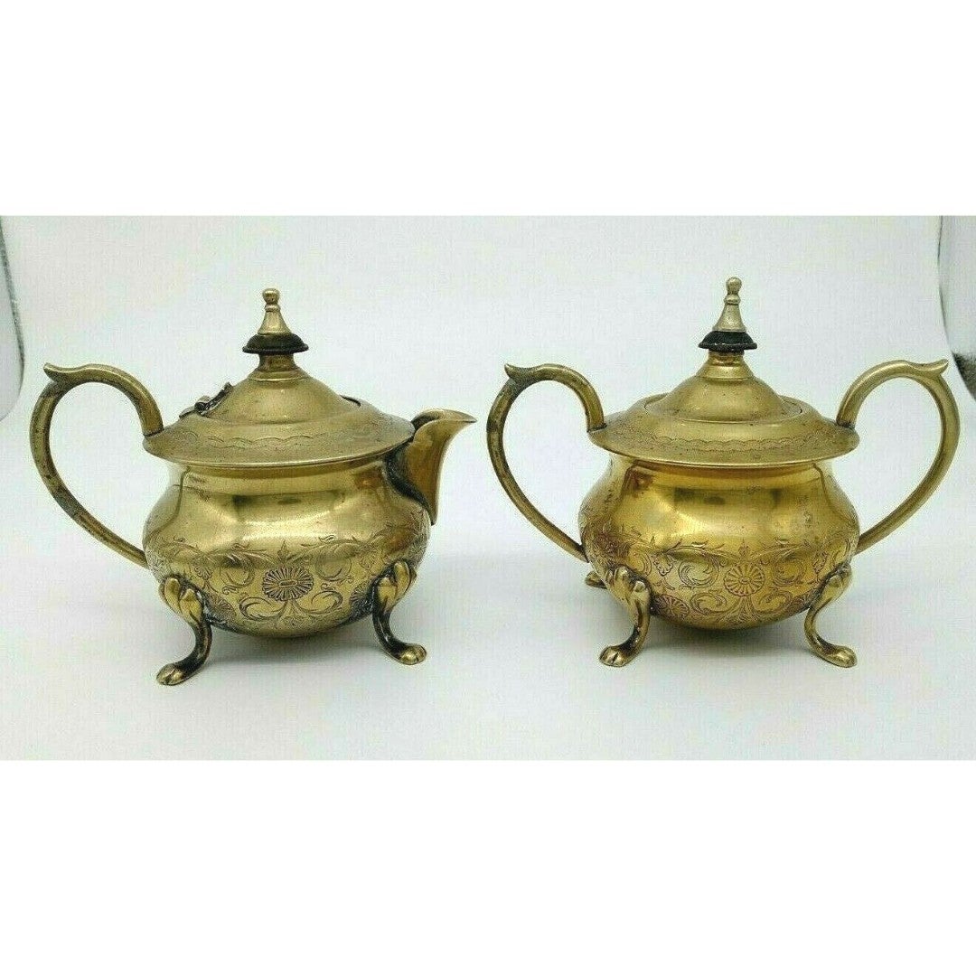 Brass Creamer Sugar Pot Set of 2 Stamped EPNS Etched Footed India Vintage