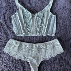 Victoria’s Secret Sage Dust Unlined Lace-Up Corset Top & Lace Trim Hipster Thong