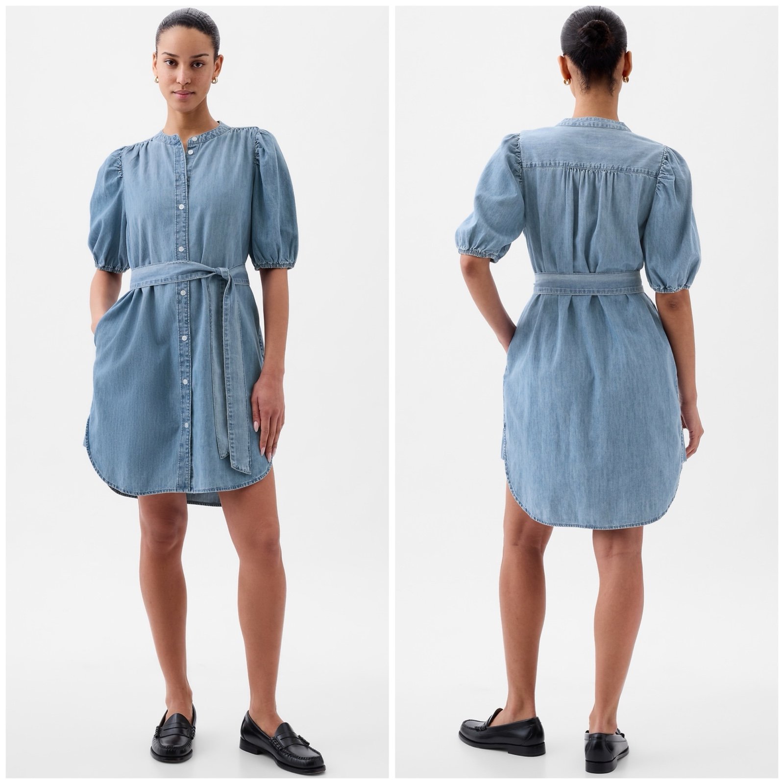 Gap Women Puff Sleeve Denim Light Wash Indigo Shirtdress Blue Cowgirl Sz XS NWT