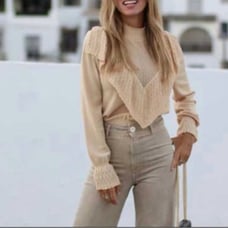 ZARA Crochet Tonal Ruffle Long Bell Sleeves Knit Sweater in Cream Size Large