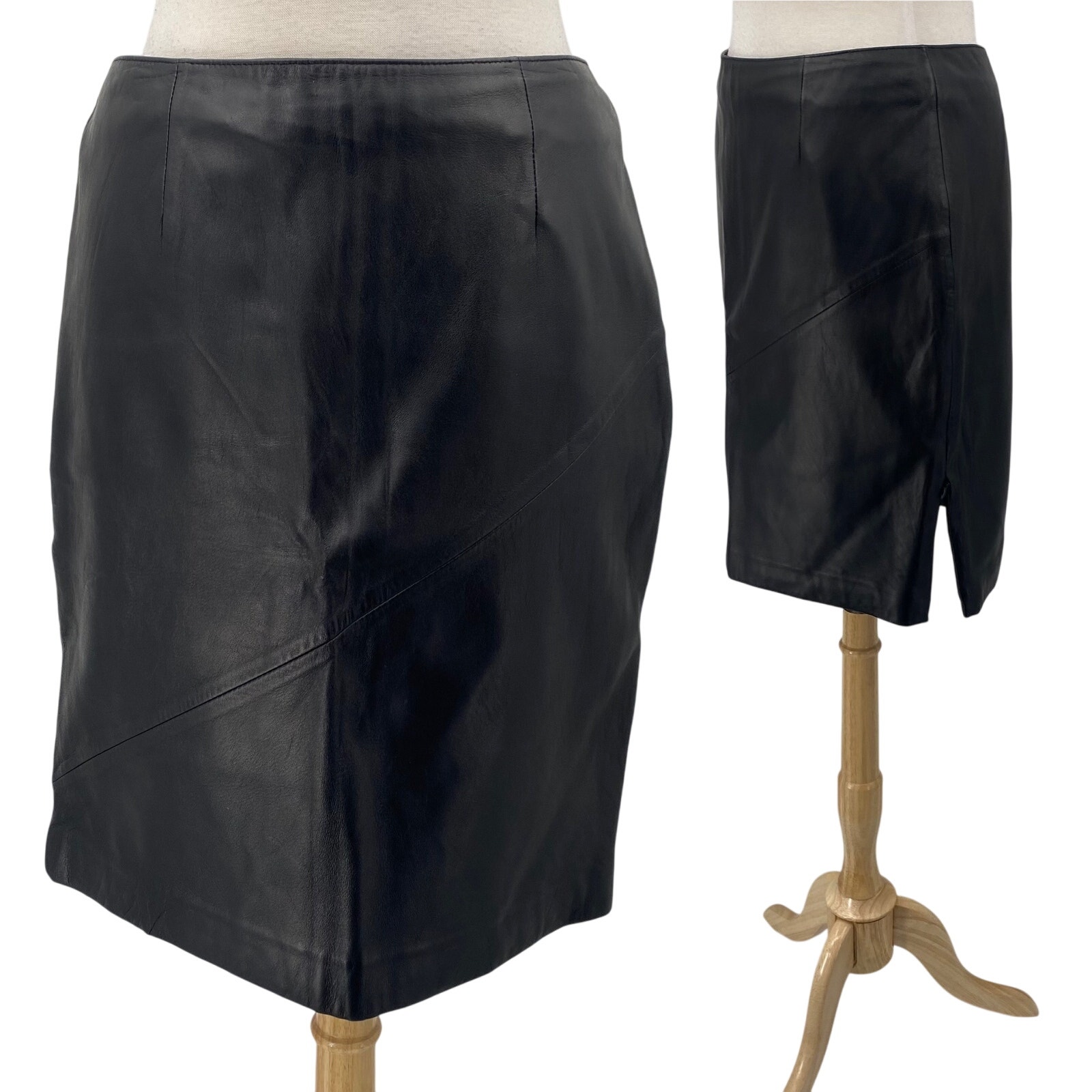 Vintage 90s Pelle Studio Wilsons Leather Mini Skirt Zippered Side Slits Black M