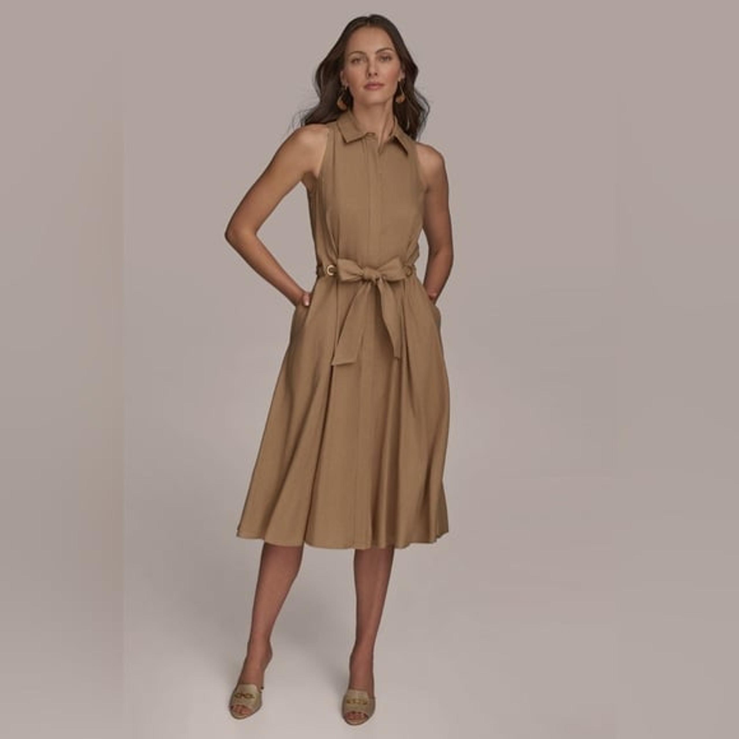 NWOT Donna Karan Women’s A Line Midi Shirt Dress Linen Blend Fawn Sleeveless 4