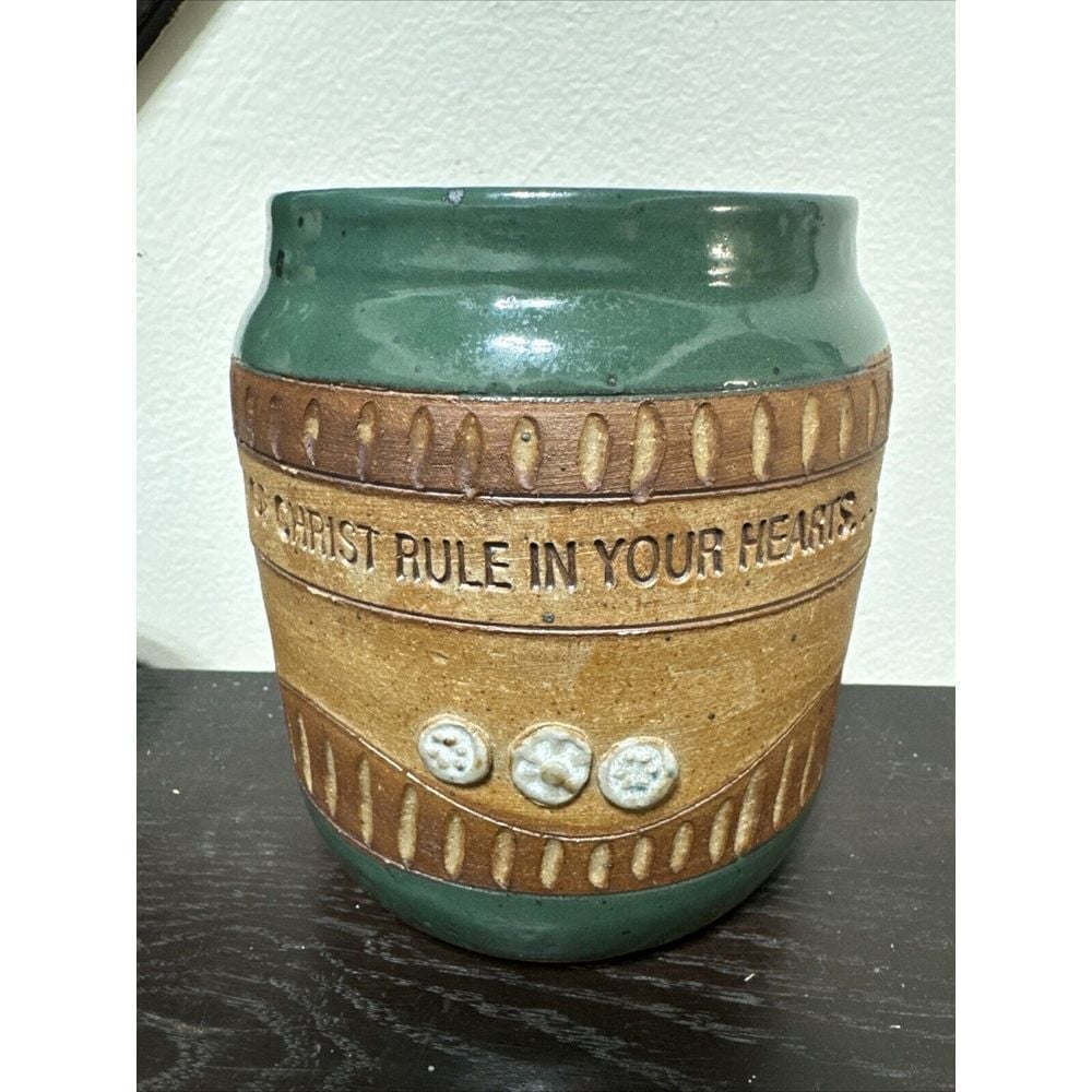 Down to Earth Green 5.5 Tall x 5 Wide. Pottery Vase Crock Col 3:16