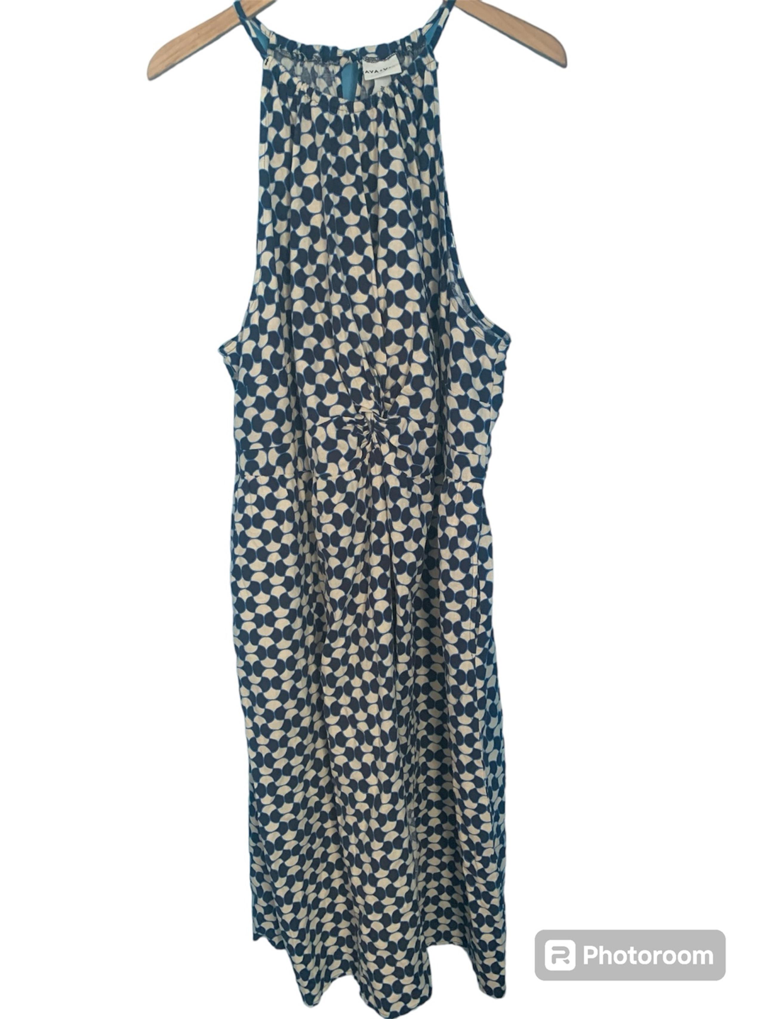 Ava & Viv Women’s Blue Print Linen Blend Twist Front Halter Midi Dress Size 3X