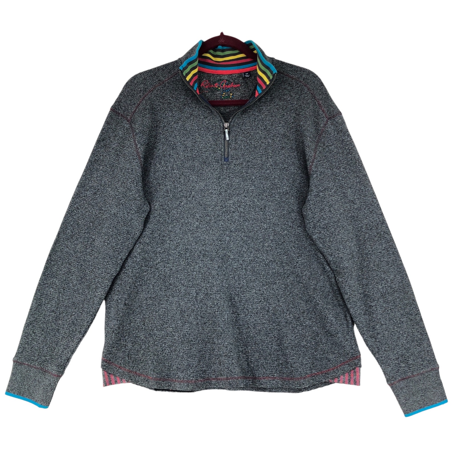 Robert Graham Mens Size S 1/2 Zip Sweater Thermal Gray Multicolor Striped Collar