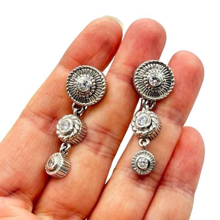 Judith Ripka Sterling Silver Crystal Dangle Drop Earrings Designer Statement