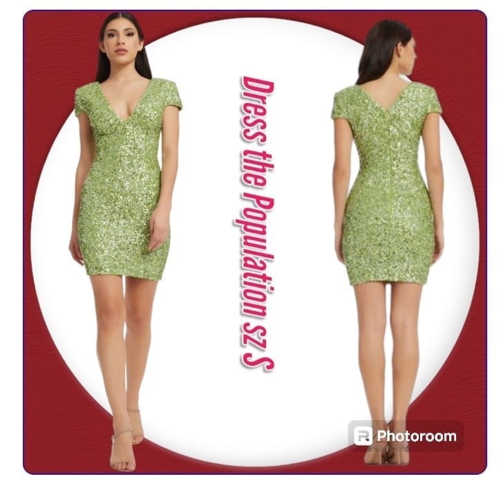 DRESS THE POPULATION Zoe V-Neck Green Sequin Bodycon Mini Dress