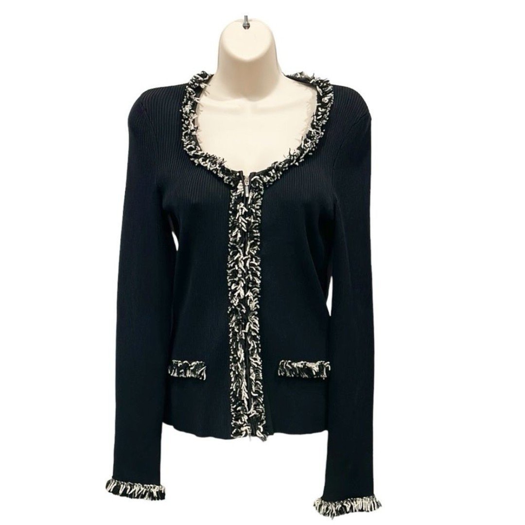 Vintage Cache Full zip Cardigan 90s Y2K Women M Fringe Mob Wife Rib Knit Black