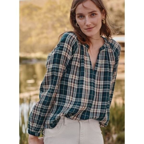 Garnet Hill Organic-Cotton Gauze Plaid Popover Medium NWT Green Multi