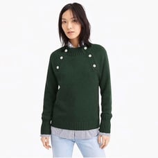 J.Crew Dark Green Wool Blend Crewneck Sweater with Jeweled Buttons