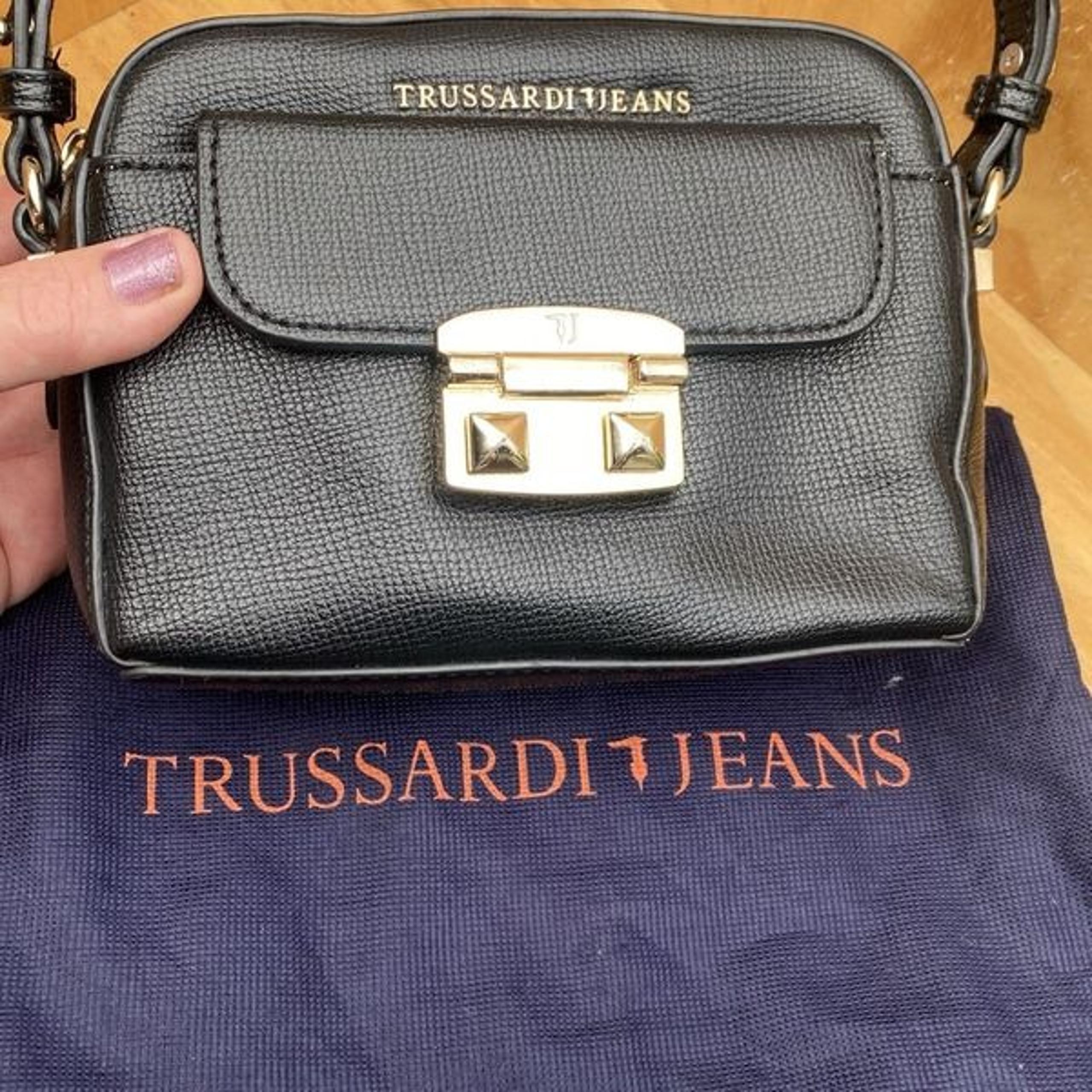Trussardi Jeans Black Vegan Leather Small Crossbody Bag With Dust Bag