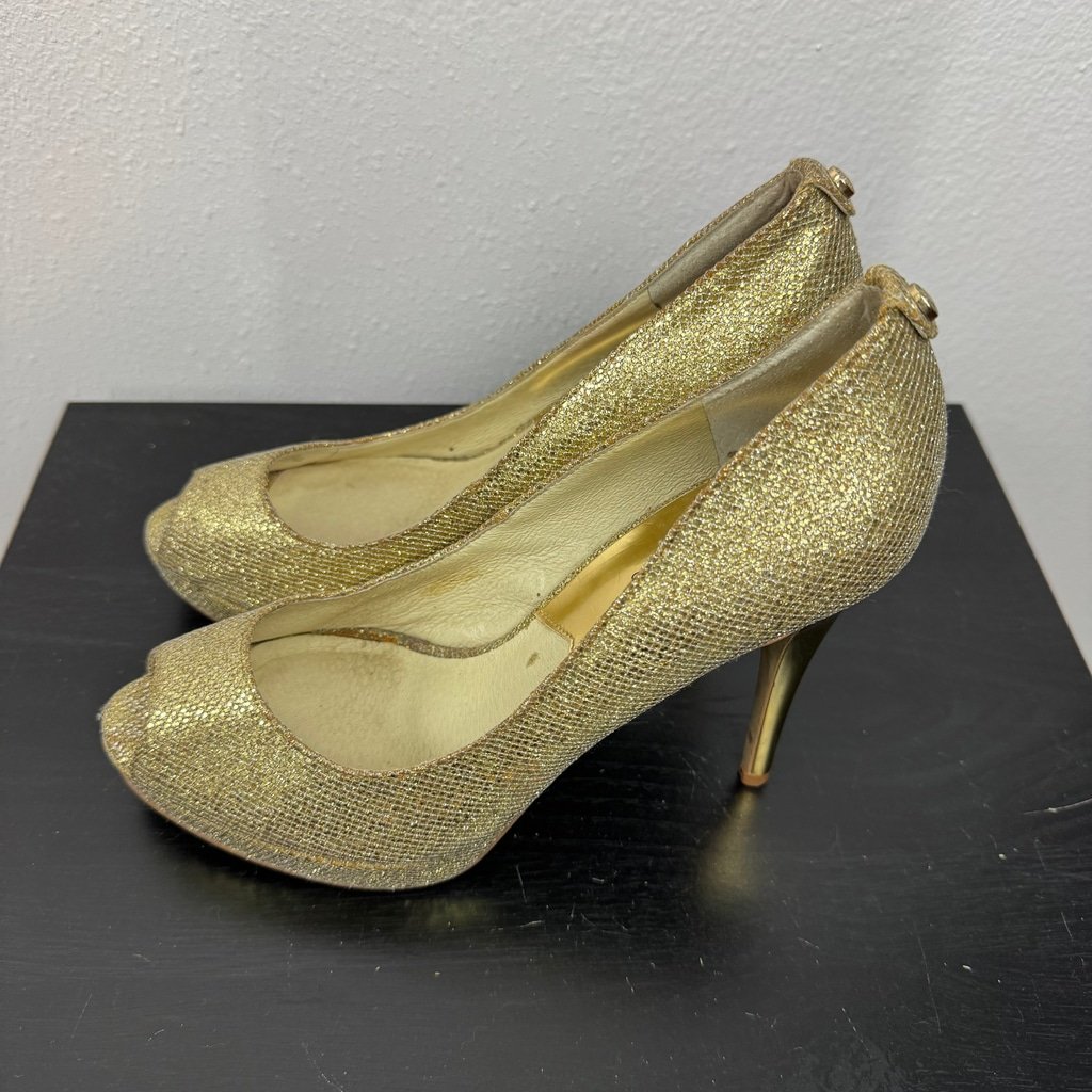 Michael Kors YORK Women 8M Gold Glitter Evening Peep Toe Platform High Heel Pump