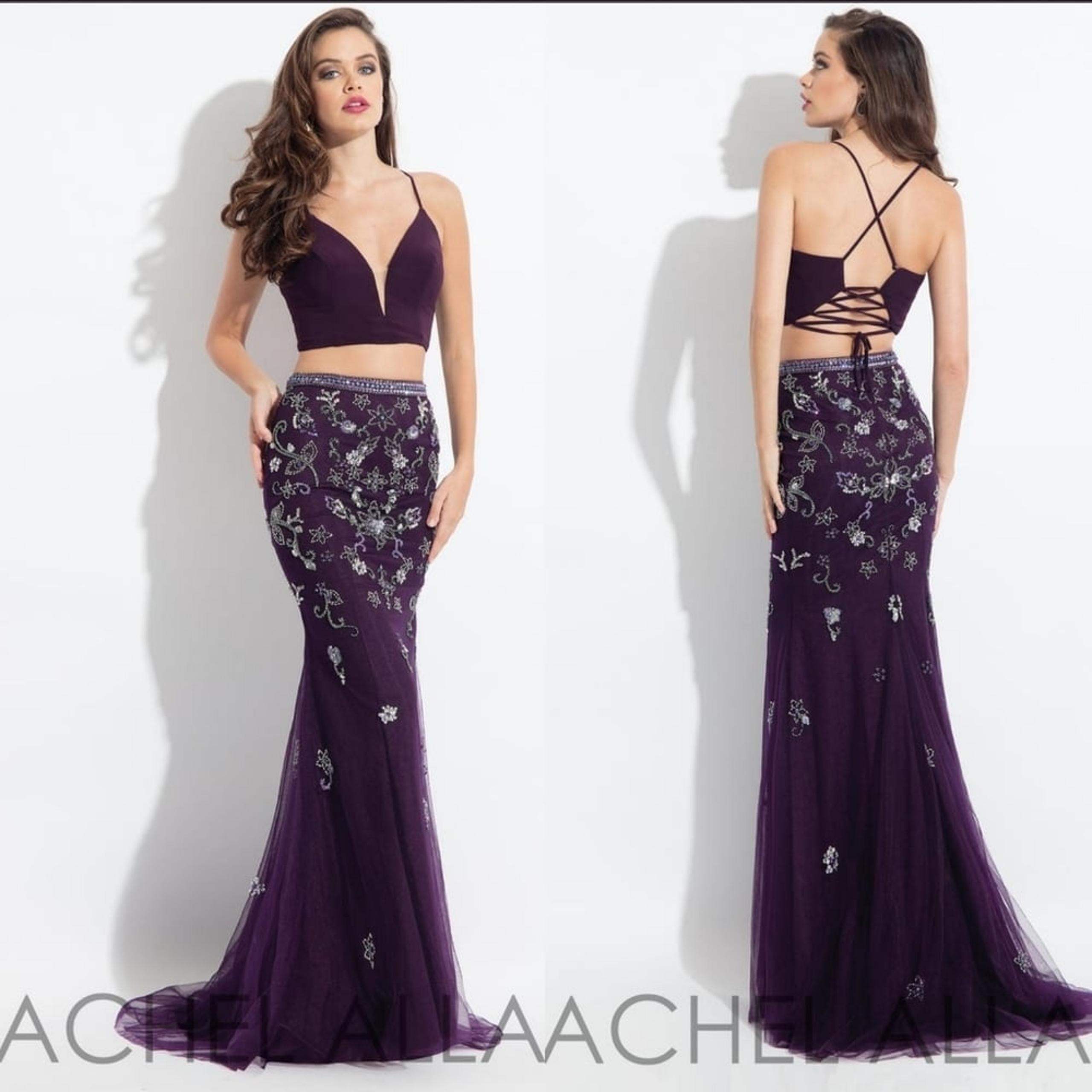 Rachel Allan 6042 Aubergine Mesh Floral Beaded Lace-up Two-Piece Mermaid Dress