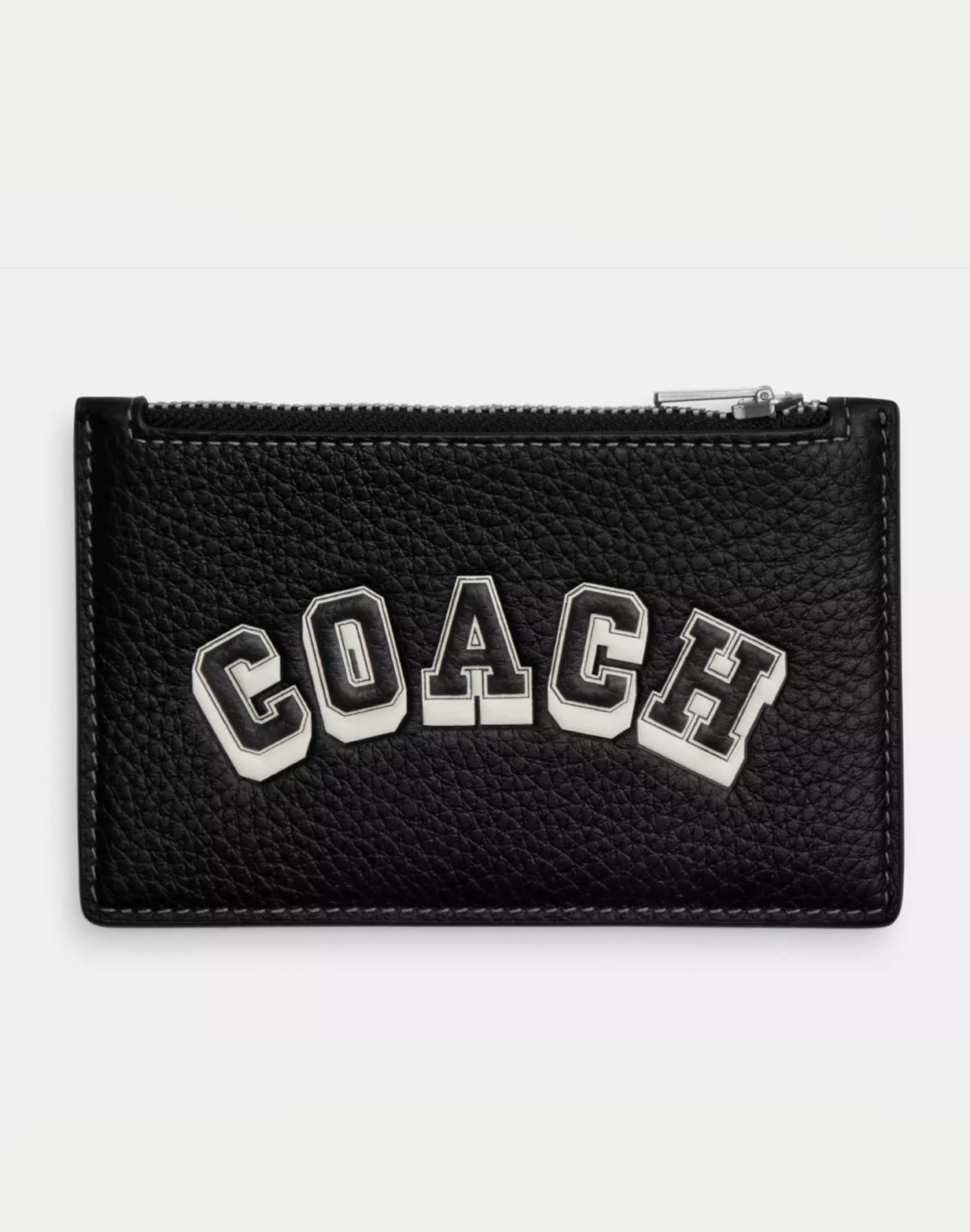 Coach Zip Card Case Wallet with Varsity Motif in Black/Chalk Pebble Leather NWT