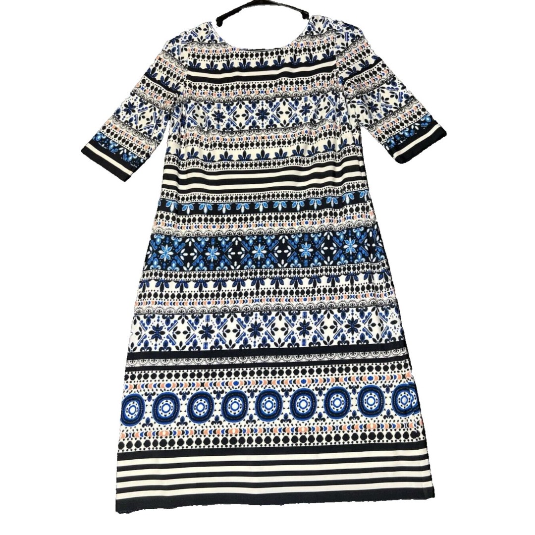 Eliza J Abstract Dress Womens Size 6 Black White Short Sleeve Shift Midi Lined