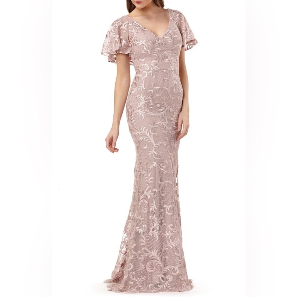 NWT Carmen Marc Valvo Infusion DUSTY ROSE Embroidered Flutter Sleeve Gown Size 6