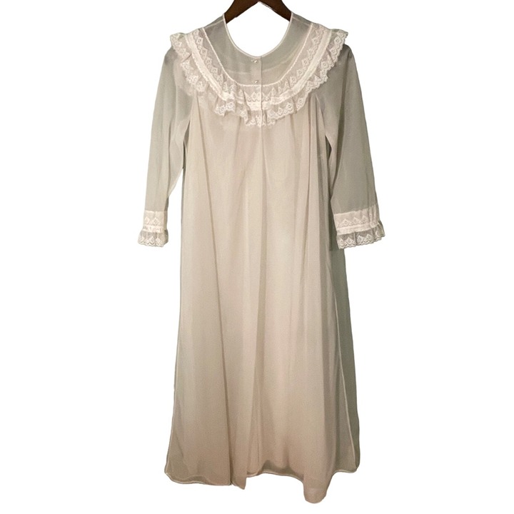 Vintage ShadowLine White Sheer Nightgown Robe Bridal Peignoir Lingerie Set Sz S