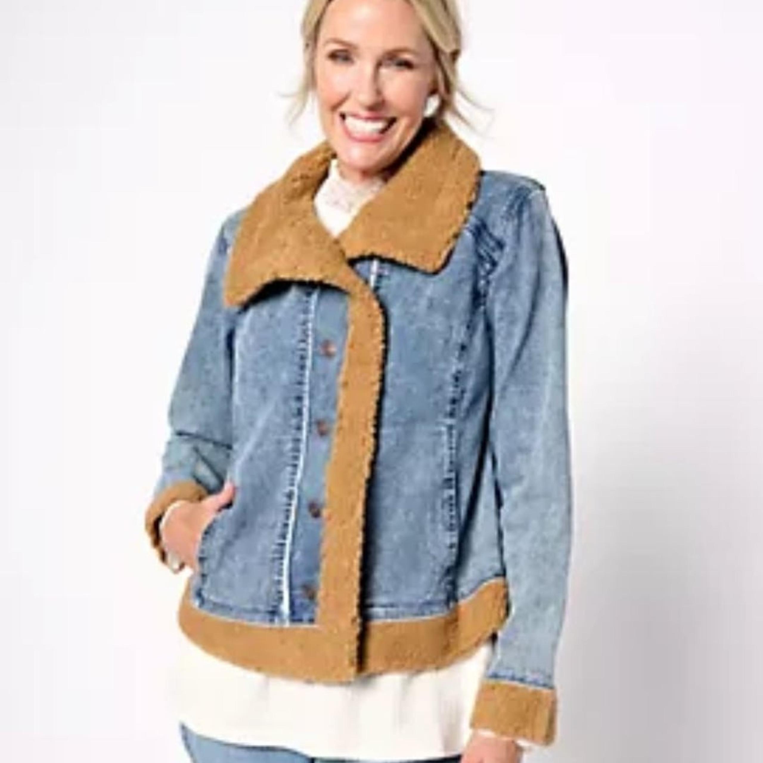 LOGO by Lori Goldstein Special Edition Jean Jacket Sherpa Medium Wash Plus 16