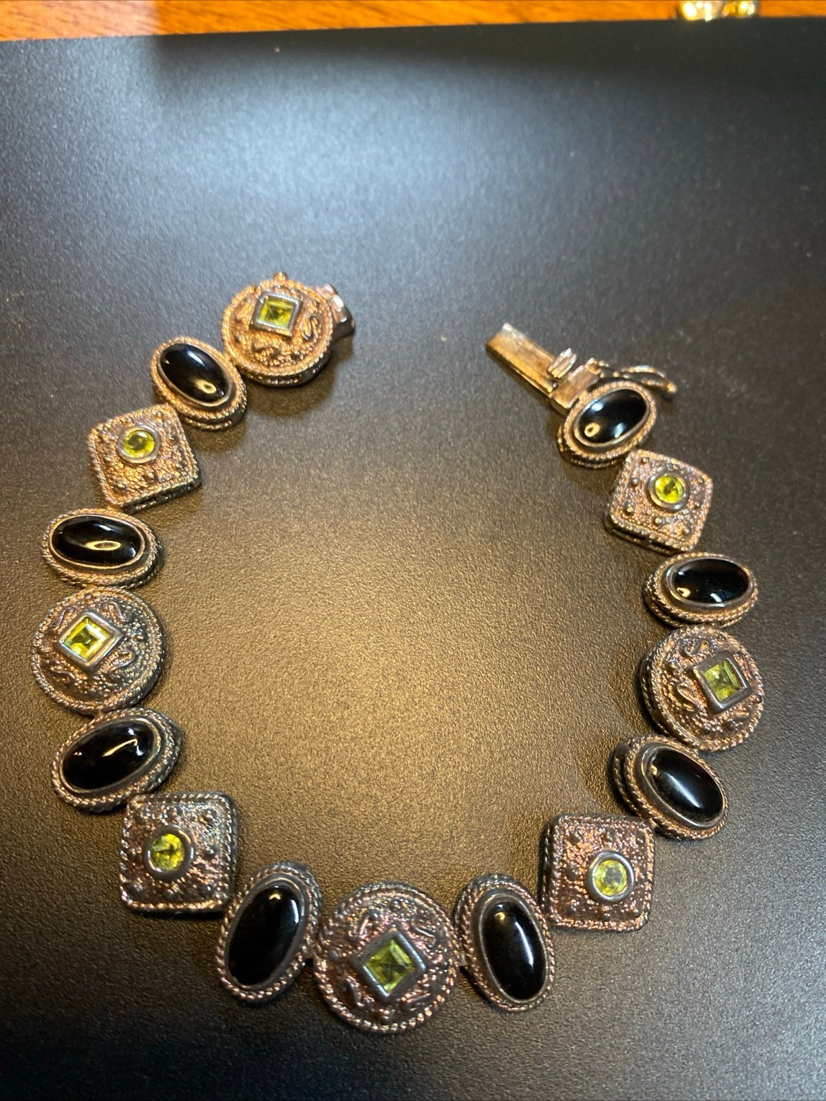 Marcasite Onyx Peridot Sterling Silver Bracelet 8