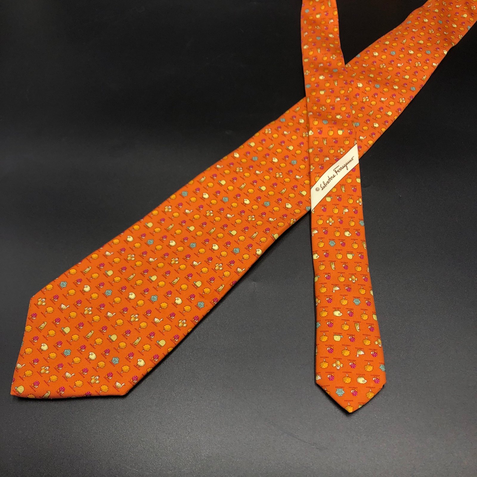 Salvatore Ferragamo Tie Silk Necktie Farm Animals Duck Chicken Frog Tree Flower