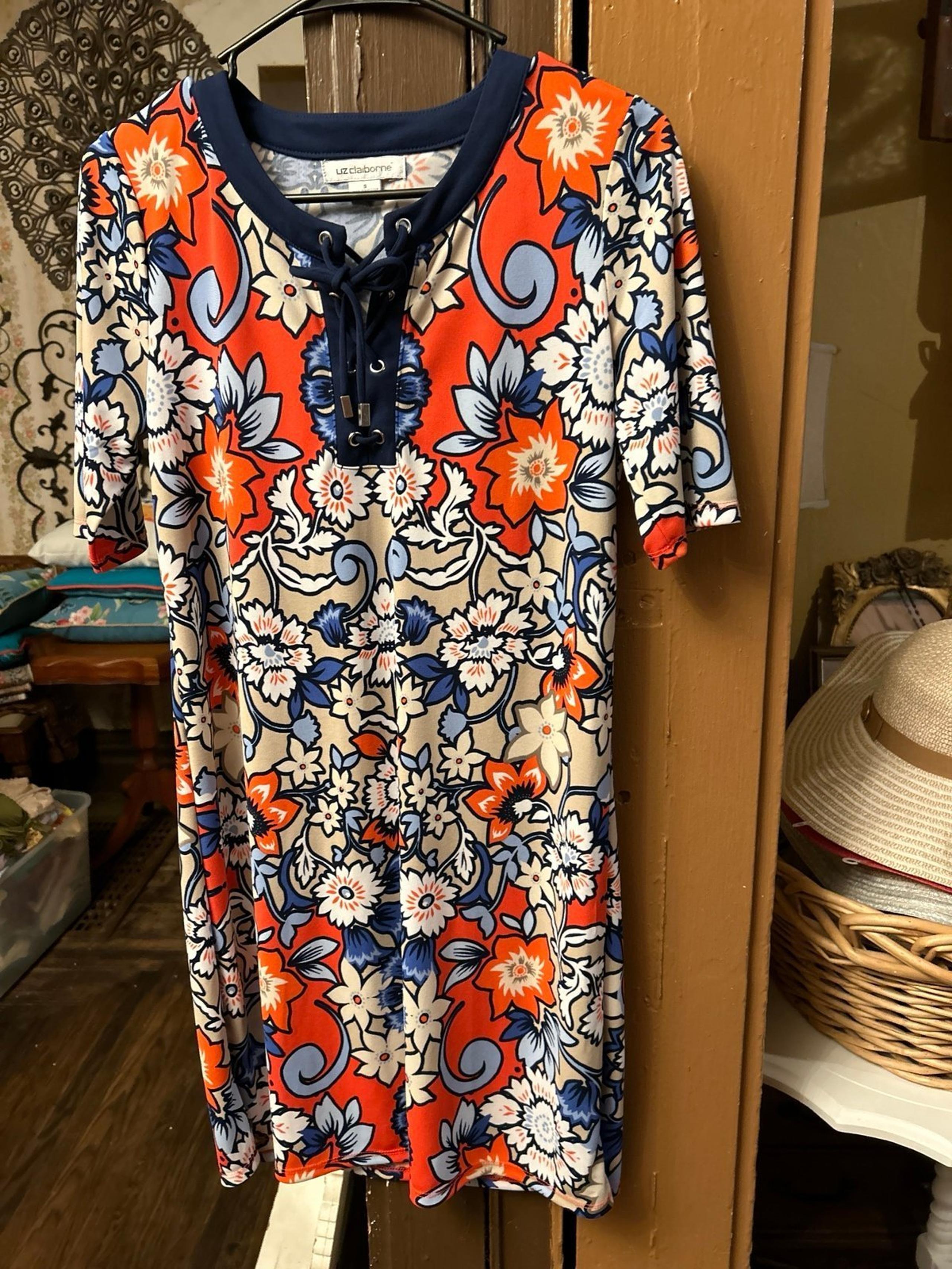 navy blue and orange, bright colored jersey dress - Liz Claiborne