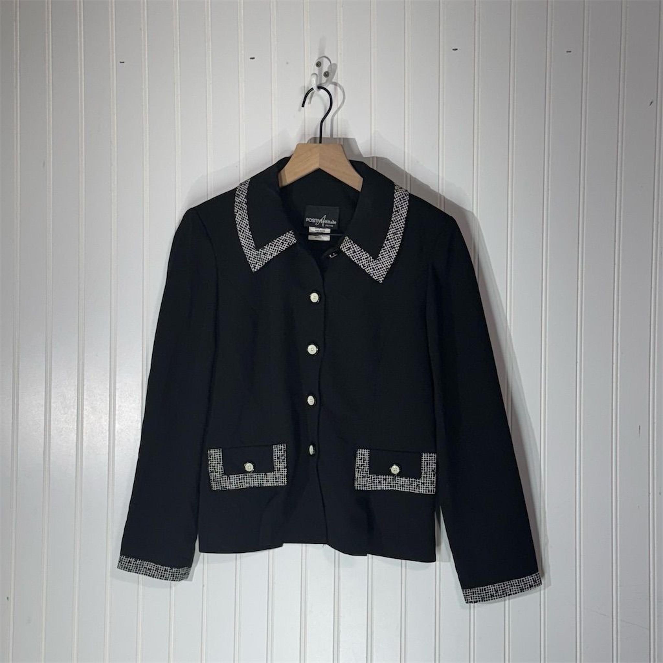 Positive Attitude Petite Black Tweed Trim Blazer Jacket 6 Made in USA VTG 90s