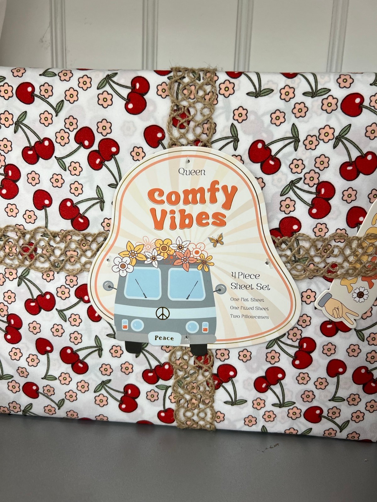 Queen size cherry sheet Set with Pink Flowers and Cherries Comfy Vibes