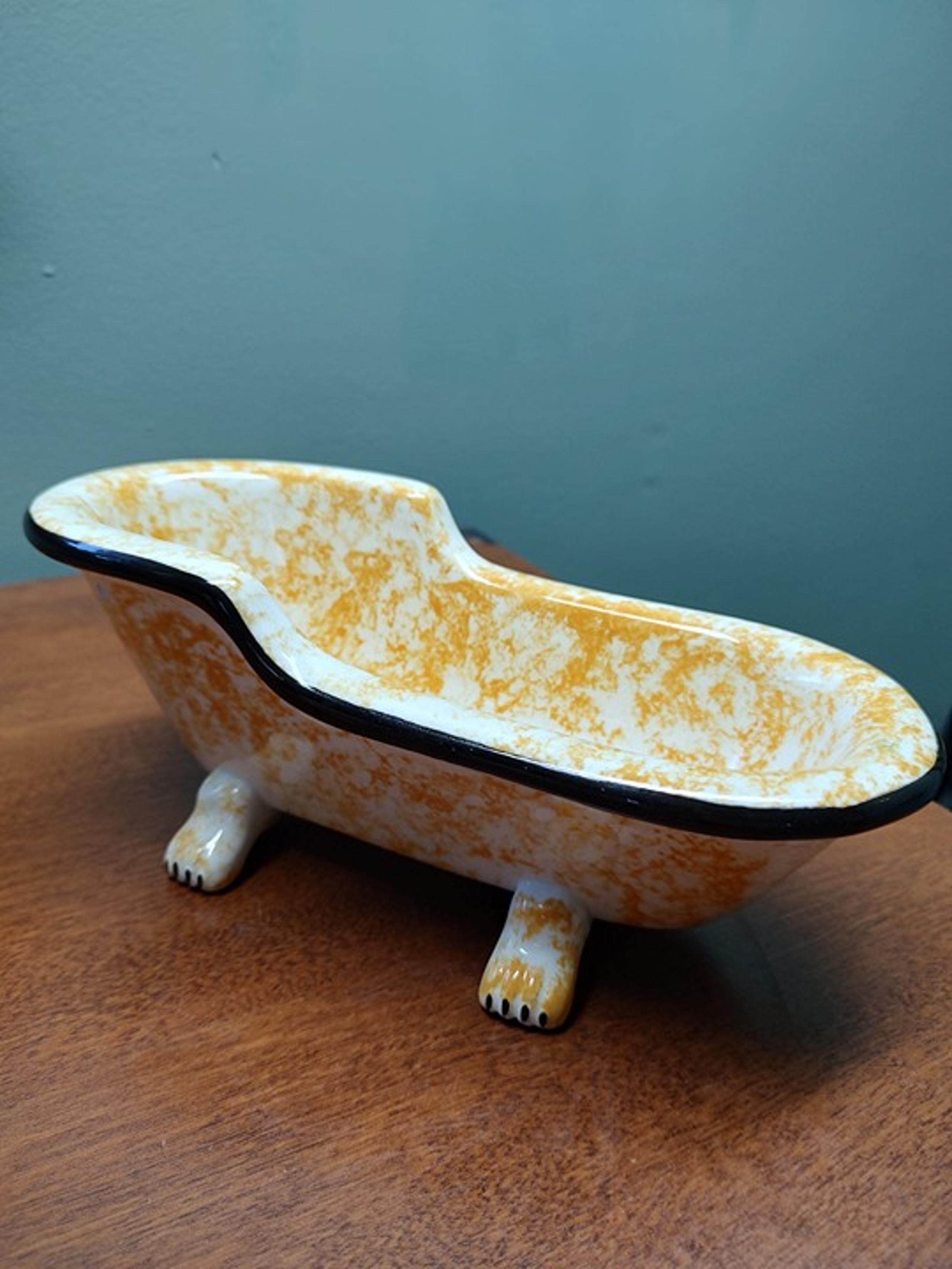 Vintage Pottery Yellow Spongeware Decorated Bathtub Toiletries Holder Soap Dish