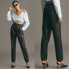Anthropologie Avec Les Filles NWOT Black Faux Leather Joggers Petite